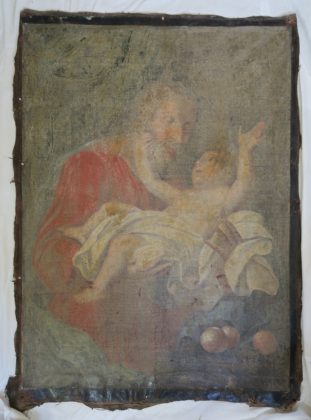 Joseph et L’enfant Jesus, 106 x 78 cm, huile sur toile XVII eme, Anonyme avant restauration