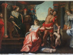 Copie du jugement de Salomon de Rubens, 170 x 85 cm, huile sur toile – après restauration