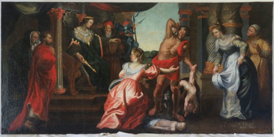 Copie du jugement de Salomon de Rubens, 170 x 85 cm, huile sur toile – après restauration