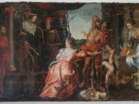Copie du jugement de Salomon de Rubens, 170 x 85 cm, huile sur toile – avant restauration- 1697, Estorges