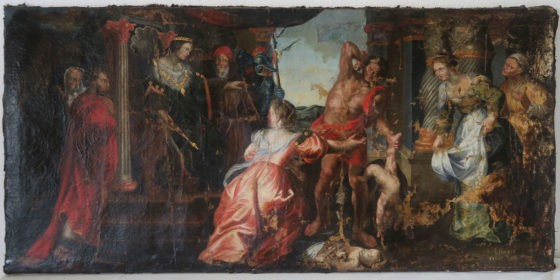 Copie du jugement de Salomon de Rubens, 170 x 85 cm, huile sur toile – avant restauration- 1697, Estorges
